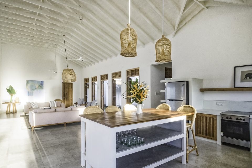 The open-plan kitchen island in the living pavilion